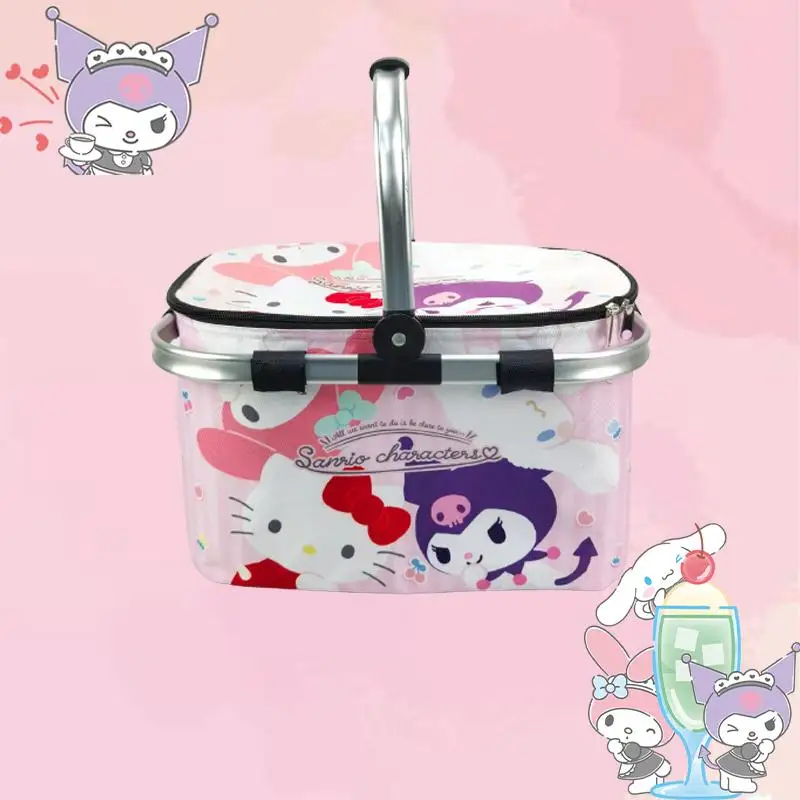 Hello Kitty Folding Picnic Basket Sanrio Kuromi Anime Outdoor Portable Picnic Camping Bread Breakfast Box High Capacity Kitchen