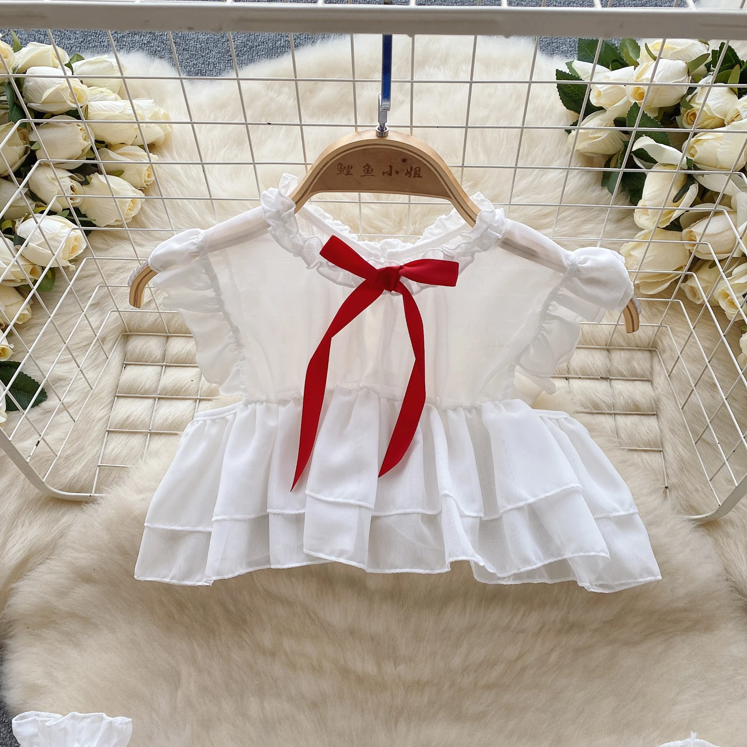 Sweet Sexy Pajama Set Transparent Hollow Flying Sleeves Ruffled Crop Top With Mini Pleated Skirt Hand And Leg Loops 4 Pieces Set