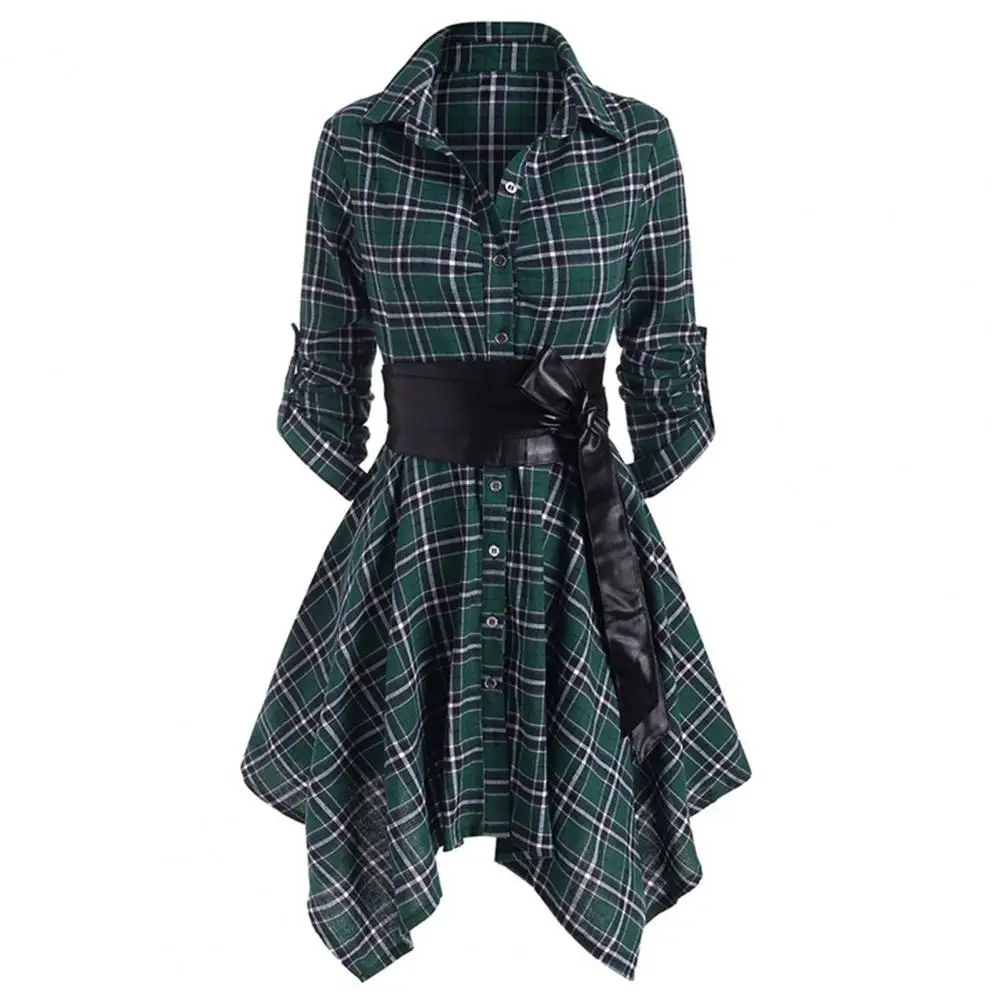 Gothic Casual Dress A-line Long Sleeve Cotton Blend Vintage Plaid Pattern Black Belted Pleated Office Dress vestidos para mujer