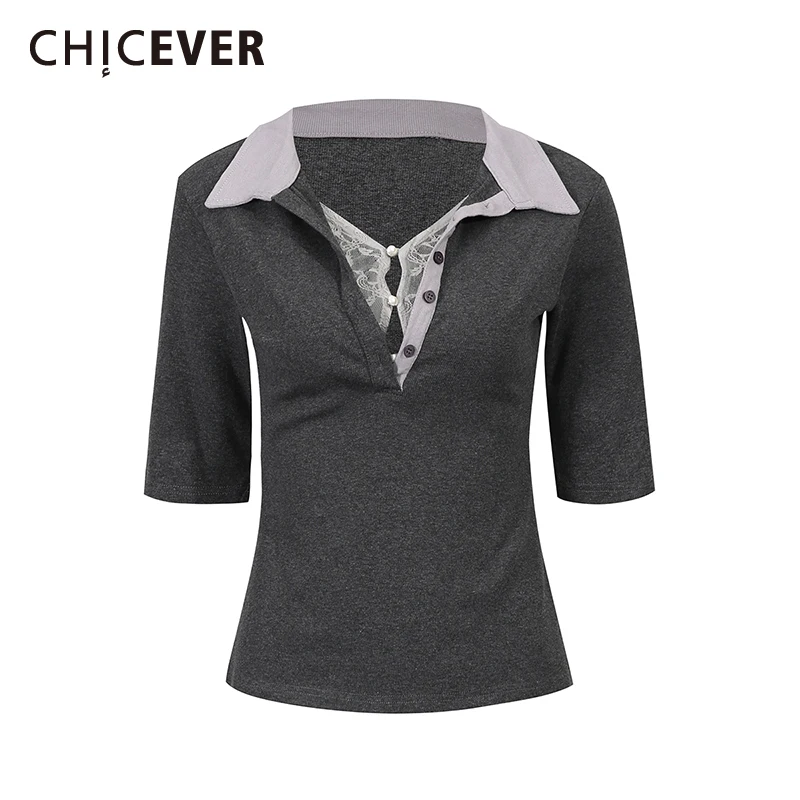 

CHIEVER Серая футболка для зрелых женщин с лацканами и половиной рукава, свободные прозрачные сексуальные женские футболки, летняя мода, стиль