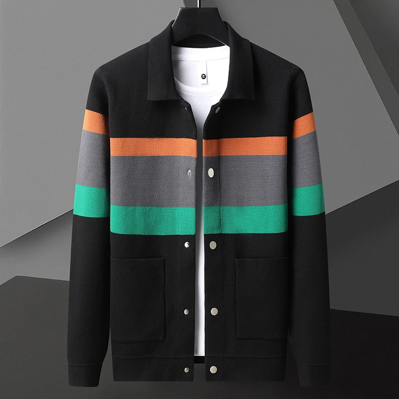 

Fashion Brand Men's Knitted Jacket 2023 Spring and Autumn New Personalized Contrast Stripe Casual Sweater Cardigan High end Coat