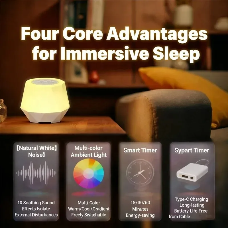 White Noise Sleep Aid Night Light 7Colors 10 Nature Sounds Multifunctional Atmosphere Lamp 3Timing Mode Bedside Lamp for Bedroom