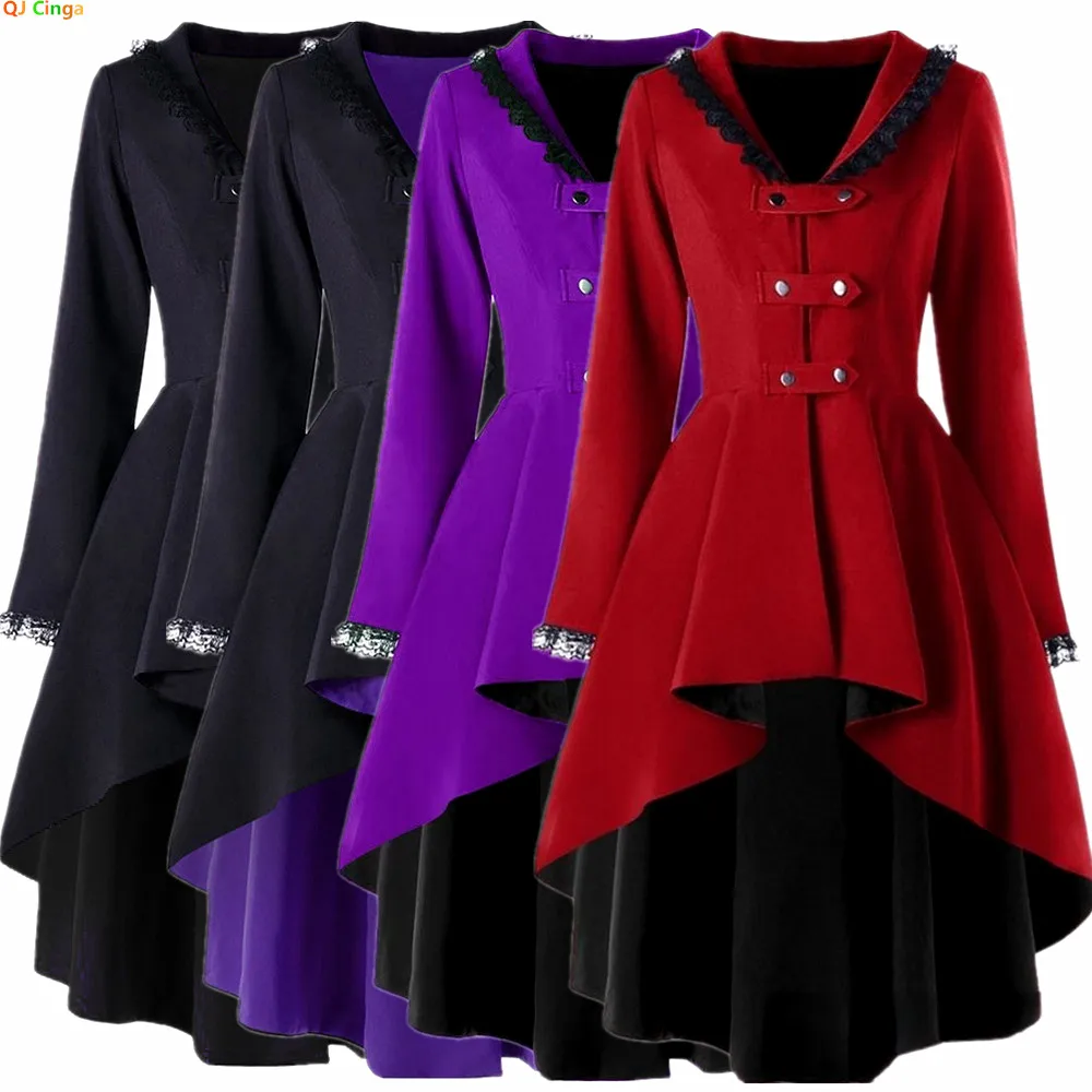

Женский асимметричный плащ на осень, фиолетовая винтажная длинная куртка, черная кружевная лоскутная отделка.
