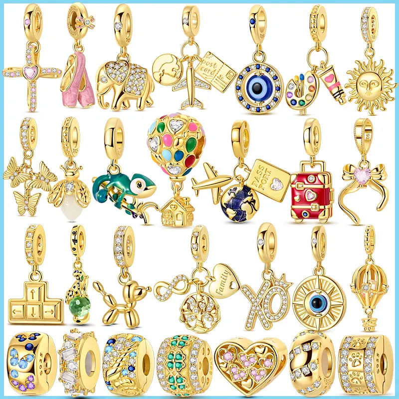 

100% 925 Sterling Silver Gold Series Charms Bead Earth Aircraft Passport Hot Air Balloon Pendant Fit Rose Gold Yellow Bracelet