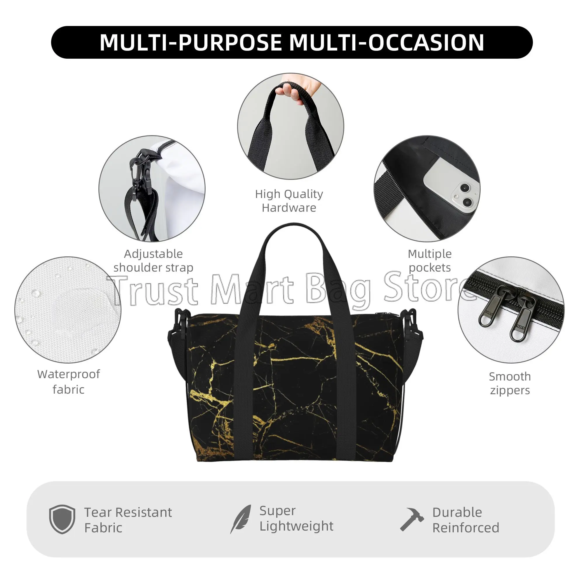 Bolsa de viaje de mano con estampado de mármol dorado negro Unisex, bolsas multiusos para la noche, bolsa de equipaje impermeable para deportes, gimnasio y Yoga