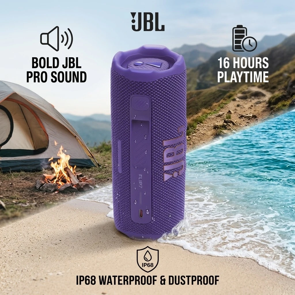 

Портативная Bluetooth-колонка JBL Flip 7 с защитой IP68, глубоким басом, 16 часами автономной работы, для активного отдыха и вечеринок