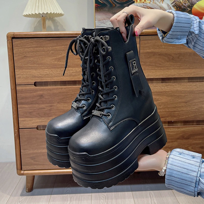 

Ботинки на платформе 11 см с суперкаблуком, готические, с пряжками, весенне-осенние, женские, в стиле панк, для косплея, средней высоты, мотоциклетные, короткие ботинки