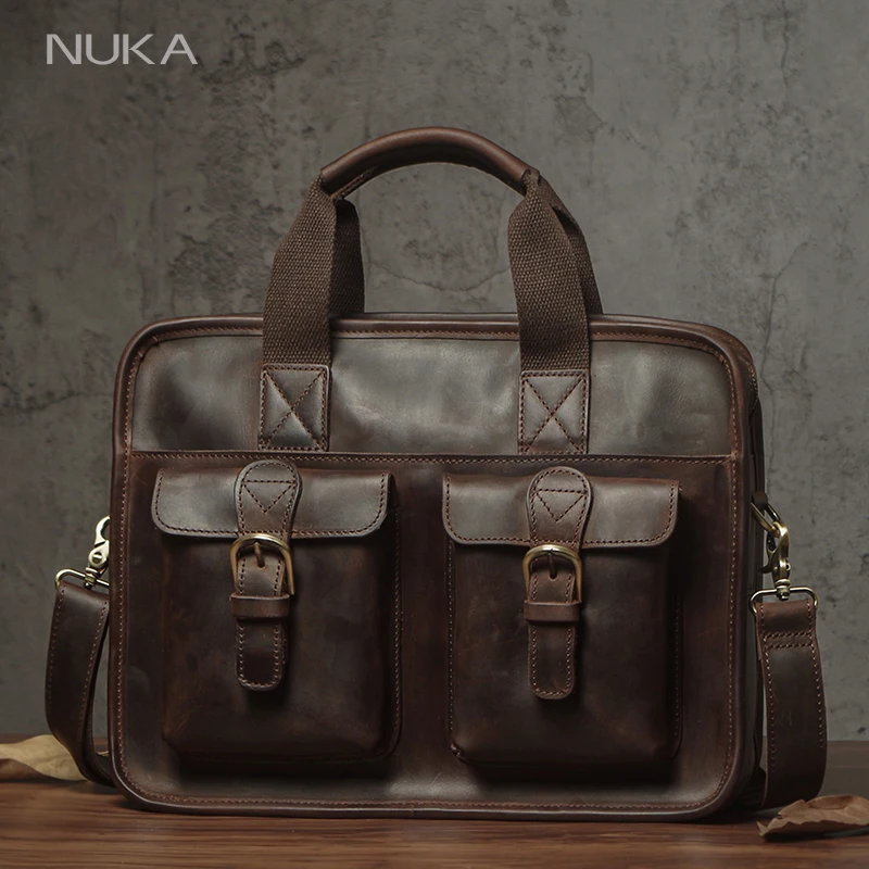 

NUKA Retro Natural Cowhide Handbag Men's Real Leather Executive Briefcase Luxury Business Shoulder Bag Daily File Messenger Bags