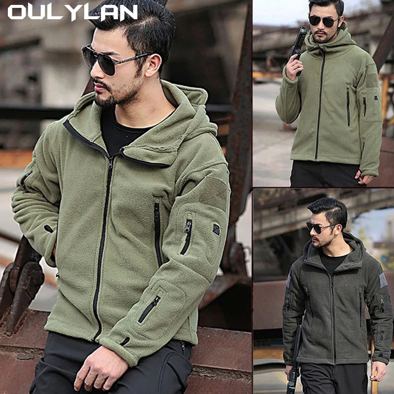 Oulylan Warm Fleece Tactical Jacket Mens Army Jackets Windbreaker Outdoor Work Jacket Hiking Hooded Coat Zipper Pocket Outwear