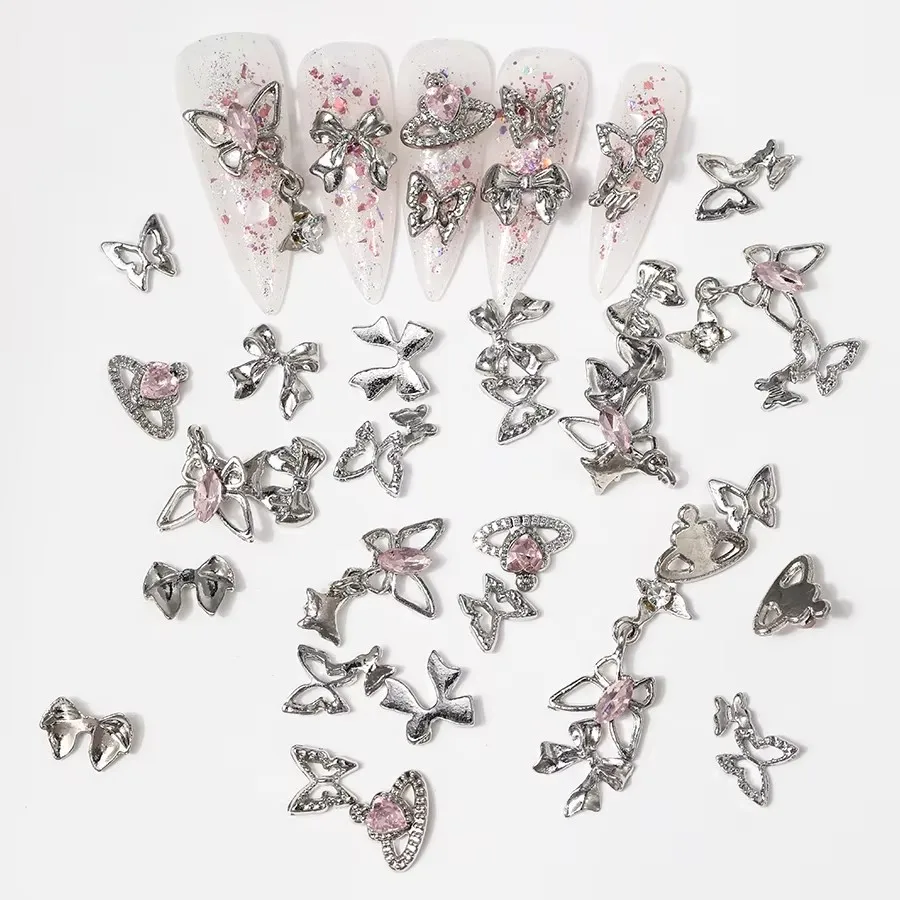 Hot Pink Nail Charms 3D Heart Charms Valentine's Day Silver Starlight Nail Decorations Shiny Nail Gems Rhinestone Multi Style