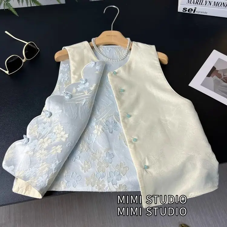Retro style new Chinese relief printed vest women's 2025 summer new national style temperament satin sleeveless short top