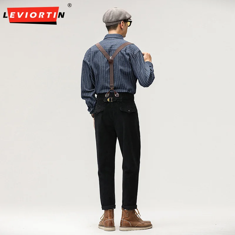 Retro Men Cargo Pants Loose Casual Corduroy Straight Overalls Streetwear Autumn Korean Stylish Male Solid Color Straps Jumpsuits