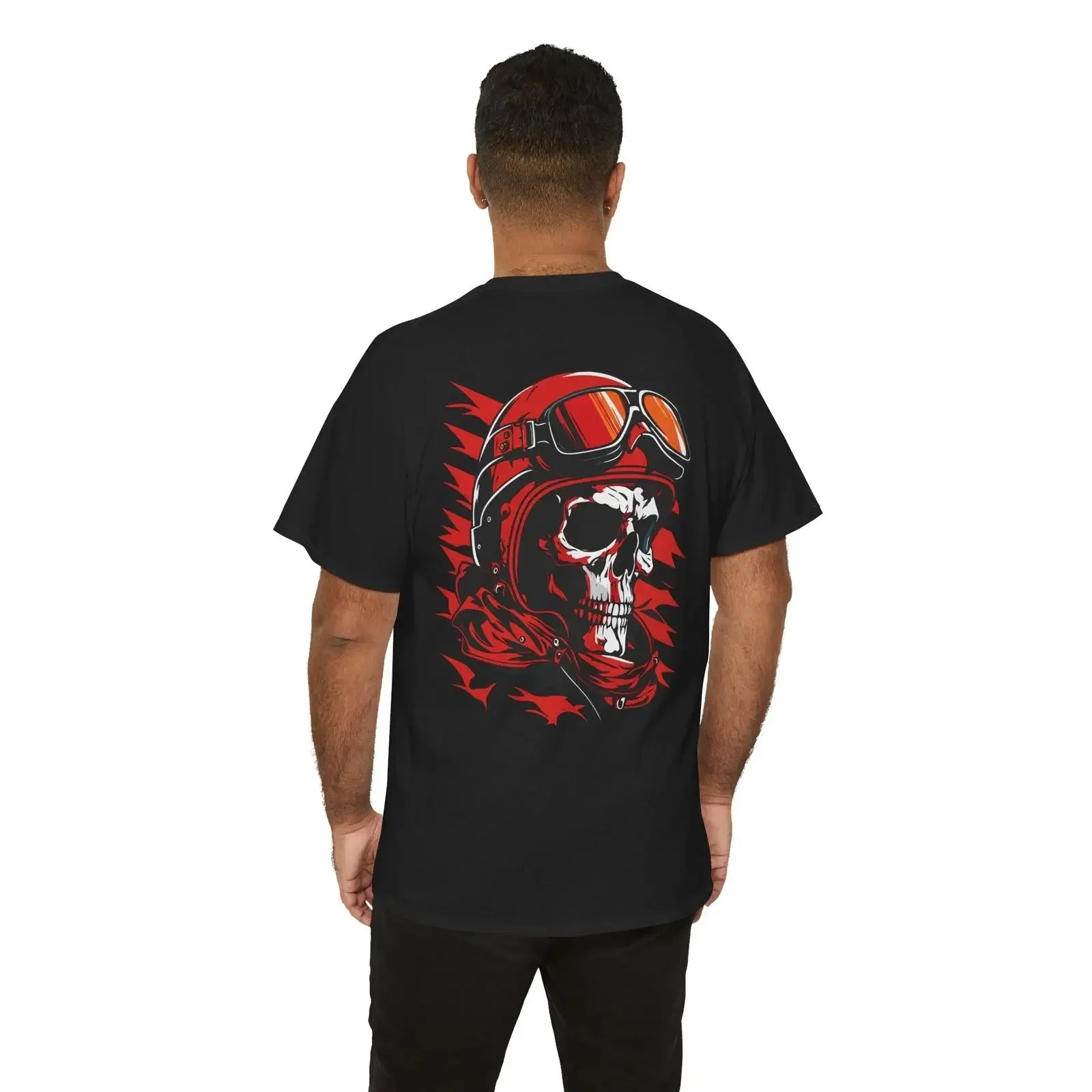 Biker-T-Shirt mit Totenkopf-Motiv, Motorradhelm, BACK-Brille, Vintage-Fahrer-Oberteil, Vintage-gewaschene Designerkleidung, Oberteil für den Alltag