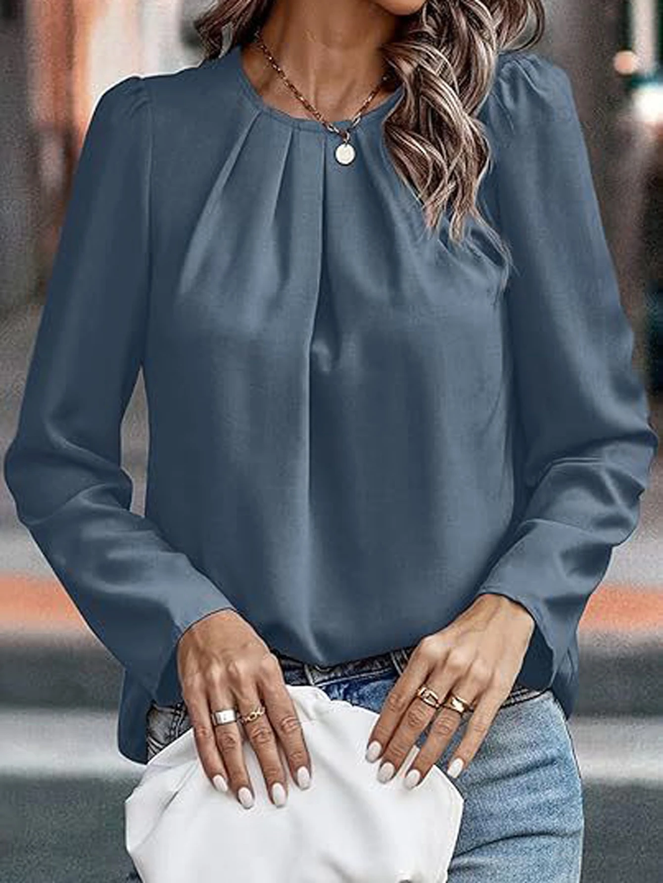 

Осенние рубашки 2025 г., женские повседневные приличные однотонные рубашки с длинными пышными рукавами и круглым вырезом, повседневные офисные женские рубашки