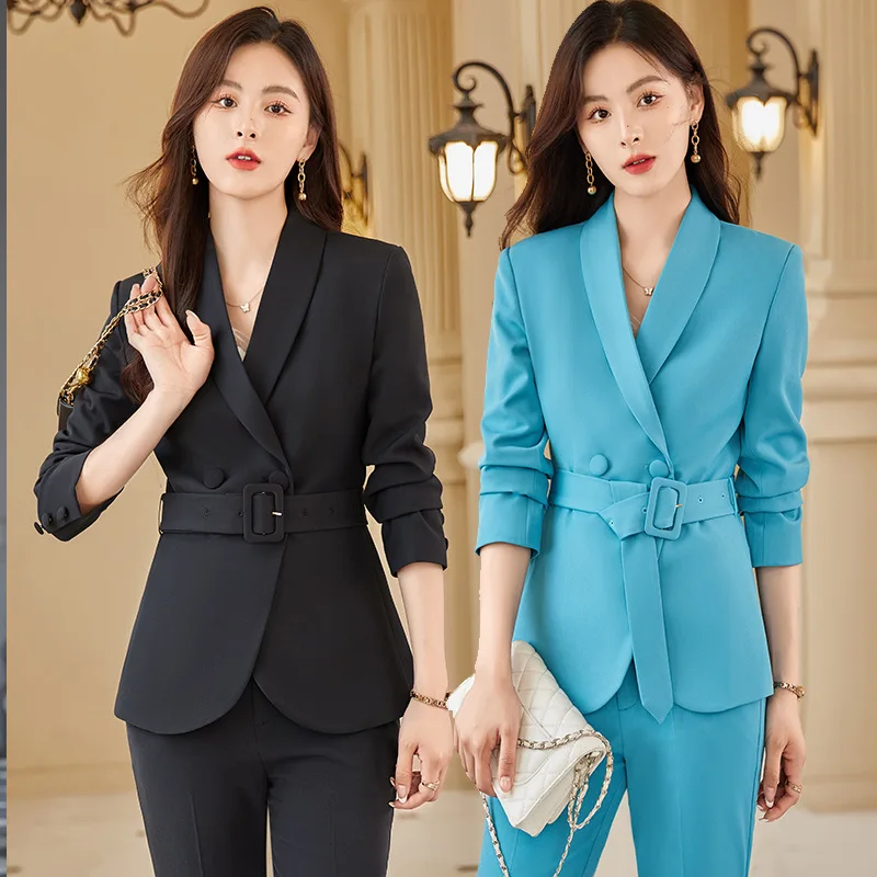 

Fall 2023 New Small Business Suit Suit Western Style Fashion Women's Wear Blue Laced Slimming Long Sleeve Suit Suit