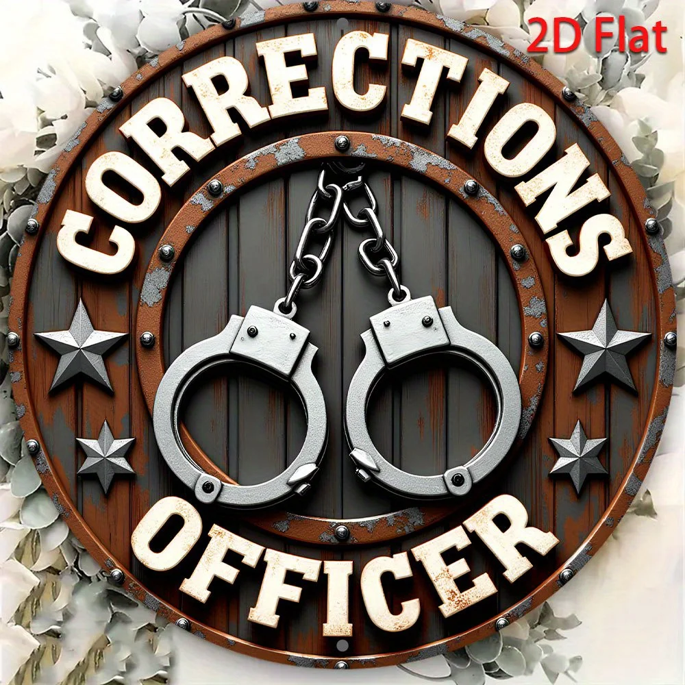 2D Flat - Round Wall Art Featuring a 2D Flat Design of a Badass Corrections Officer Wreath Sign, Complete with Handcuffs And Sta