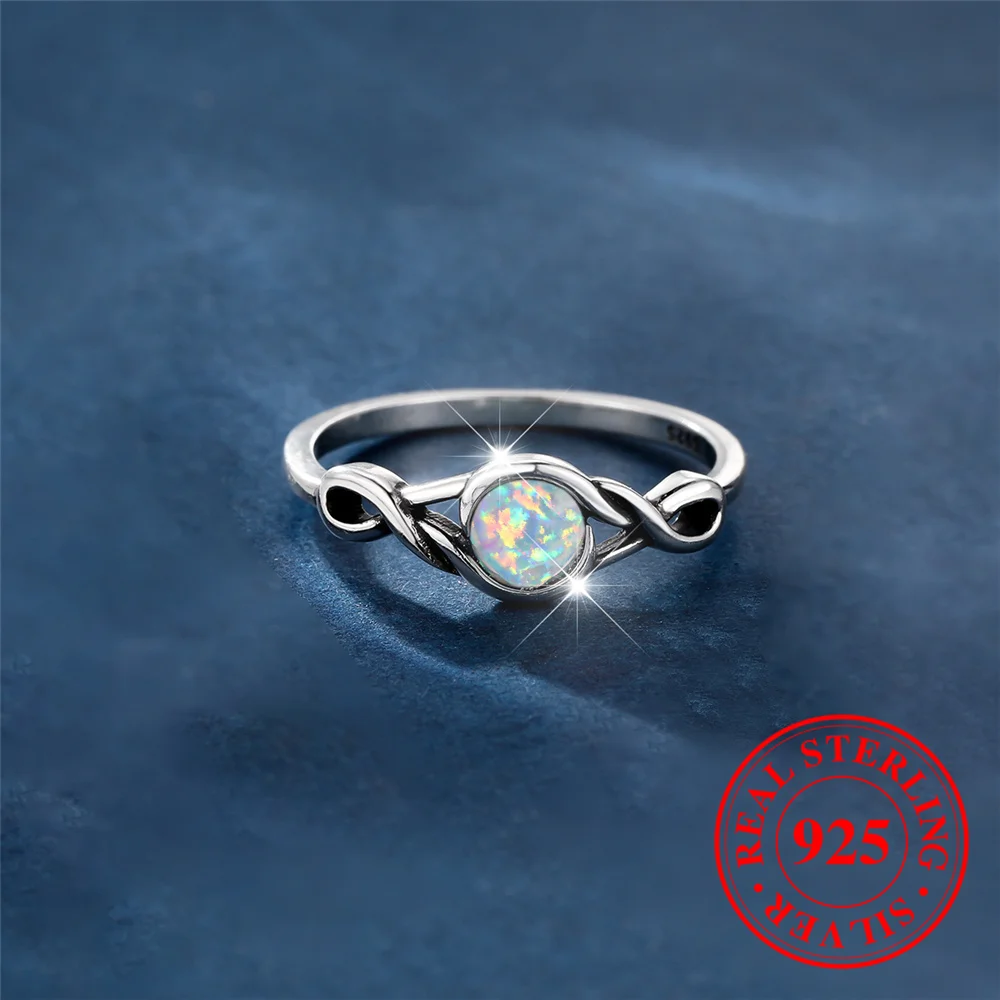 Female Cute Natural White Fire Opal Stone Round Infinity Ring Vintage Real 925 Sterling Silver Wedding Jewelry For Women