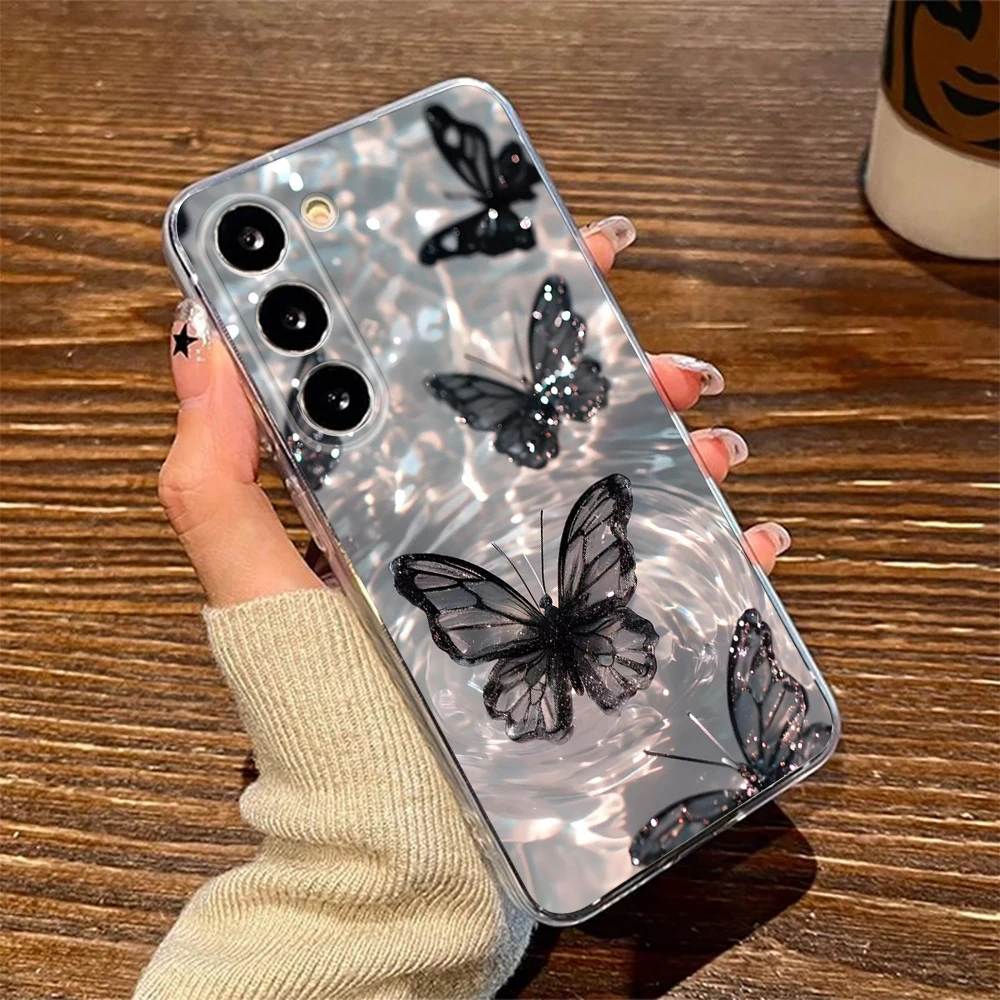 Water-Sensitive Black Butterfly Silicone Back Case For Samsung S24 S20 Ultra Note10 Pro S23 Ultra A14 M53 M23 A57 Case