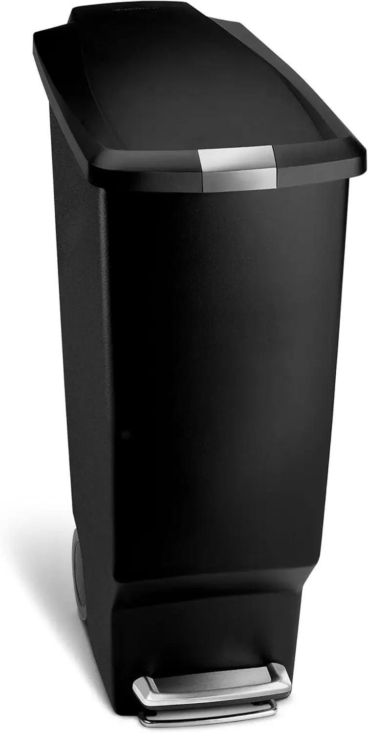 40 Liter Slim Kitchen Step Trash Can with Secure Slide Lock, Black Plastic