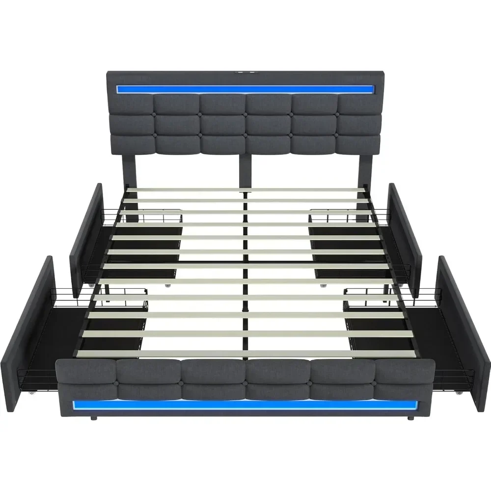 Smart Square Stitched Button Tufted Design High Quality Full Size Upholstered Platform Bed Frame, LED Lights Headboard Footboard