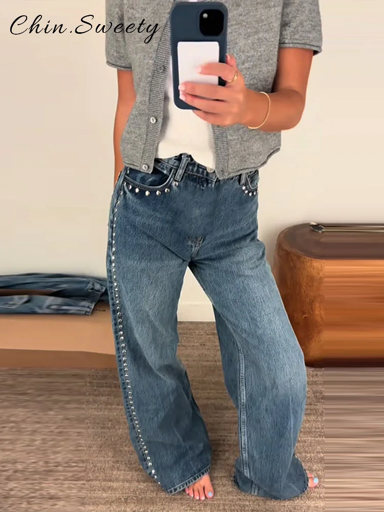 

Fashion Beading Floor Length Straight Denim Pants Women Loose Zipper Pockets High Waist Jeans 2025 Spring Summer Lady Streetwear