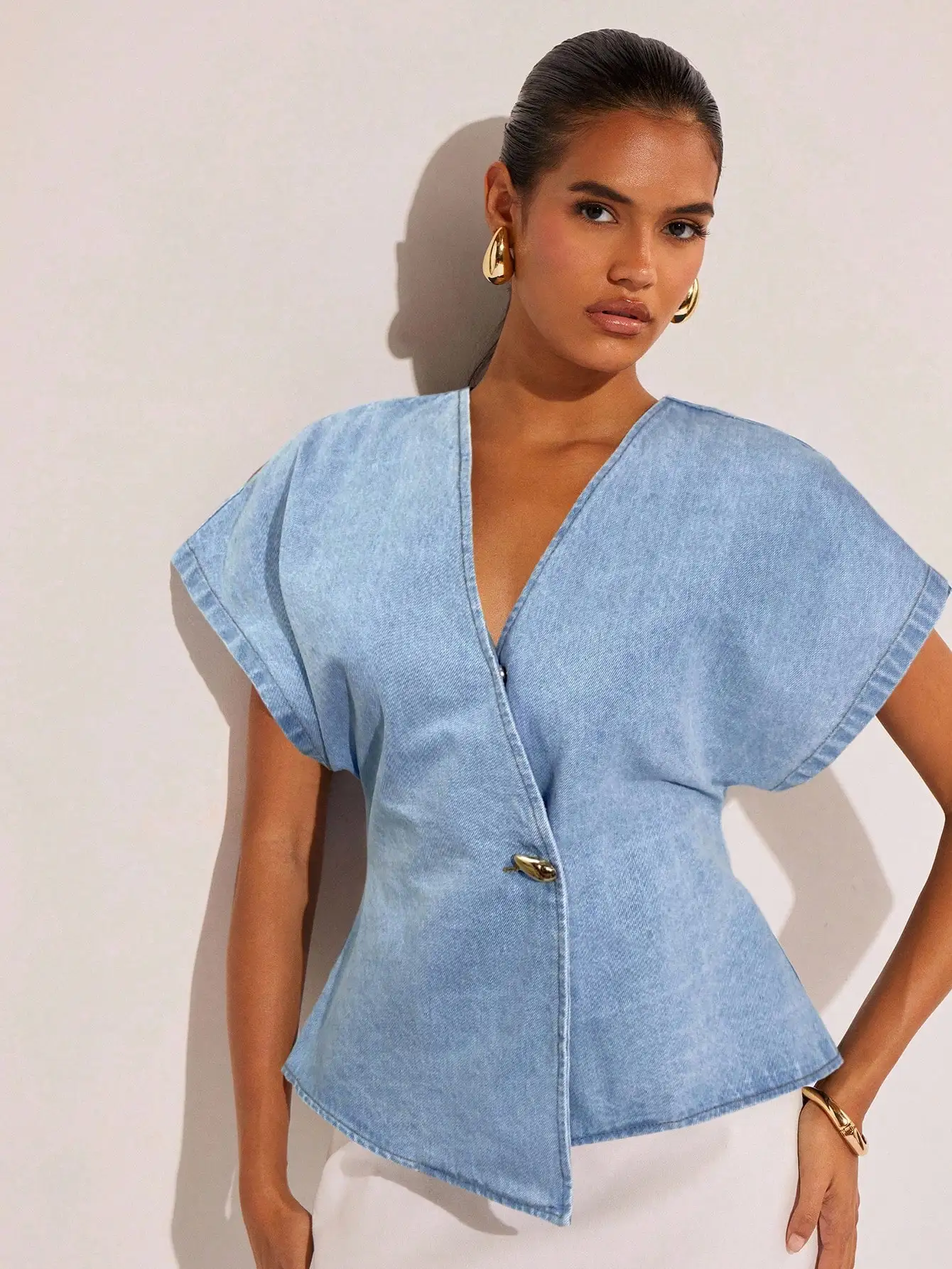 Denim Women's Single Button Batwing Sleeve Fashionable Denim Blouse, Summer