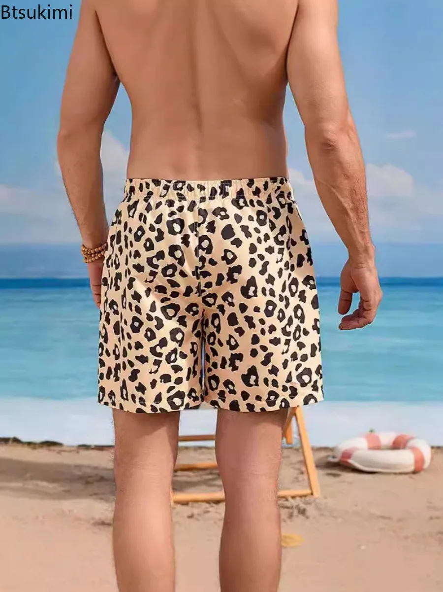 Summer Leopard Print Beach Shorts for Men Loose Casual Pocket Drawstring Beach Sport Pants Men Quick-Drying Washable Swim Briefs