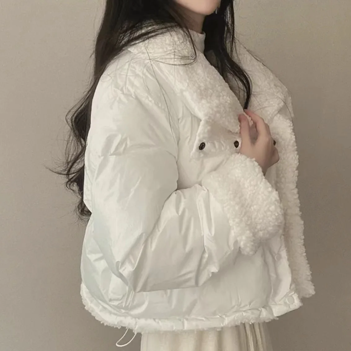 Women's Beige Patchwork Faux Rabbit Fur Parka Coat Warm Fashion Overcoat Harajuku Vintage Padded Coats 2000s Clothes 2024 Winter