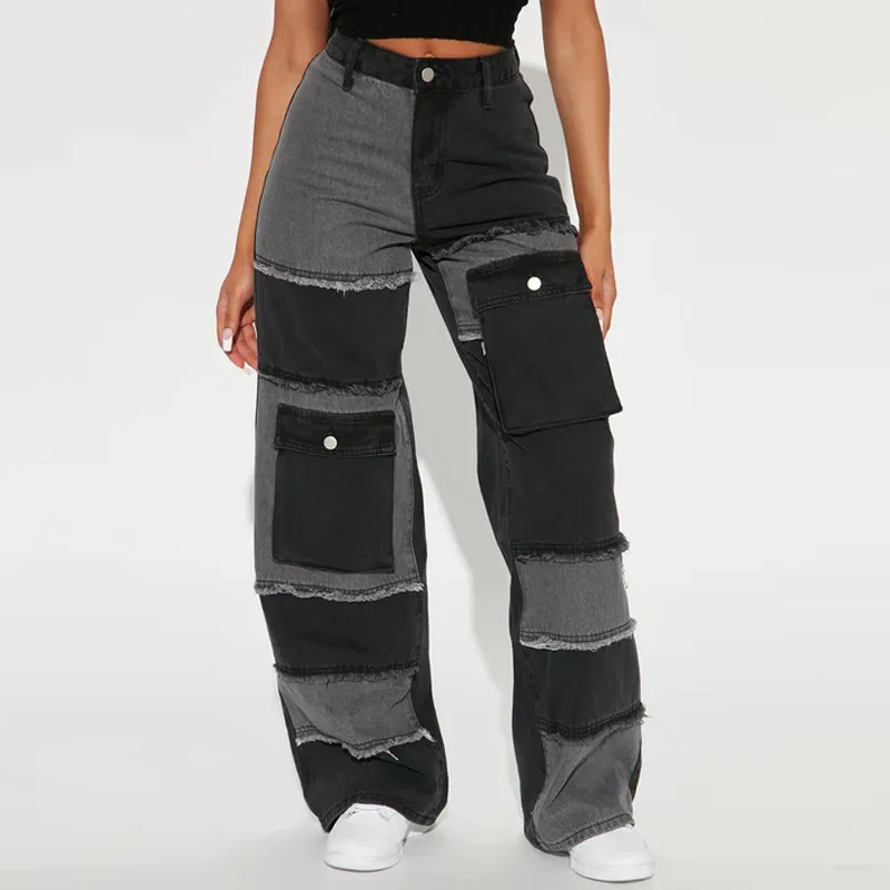Utility Style Color Block Multi-Pocket Jeans, 2026 Euro-American Style Women's High-Waisted Wide-Leg Fashionable Versatile Pants