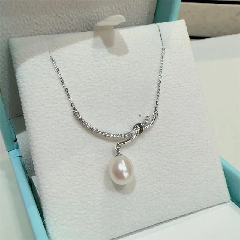 

Elegant Pearl Drop Necklace S925 Silver Platinum Plated 8-9mm Natural Pearl Bow Knot Design CZ Charm Necklace