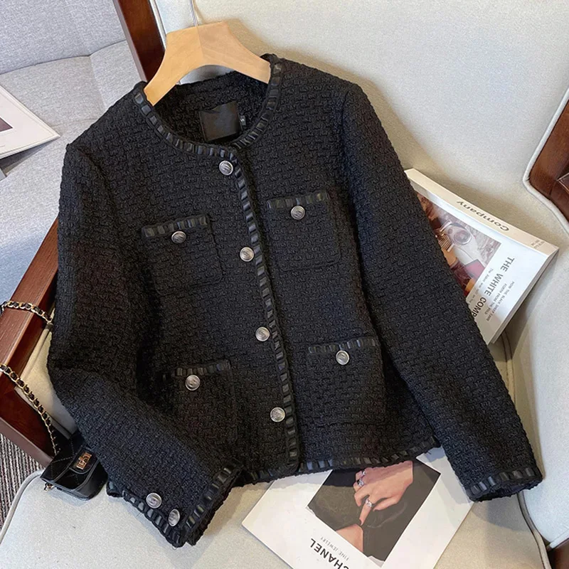 Chaqueta corta negra con fragancia para mujer, abrigo de Tweed, traje informal, novedad coreana, primavera y otoño, 2023