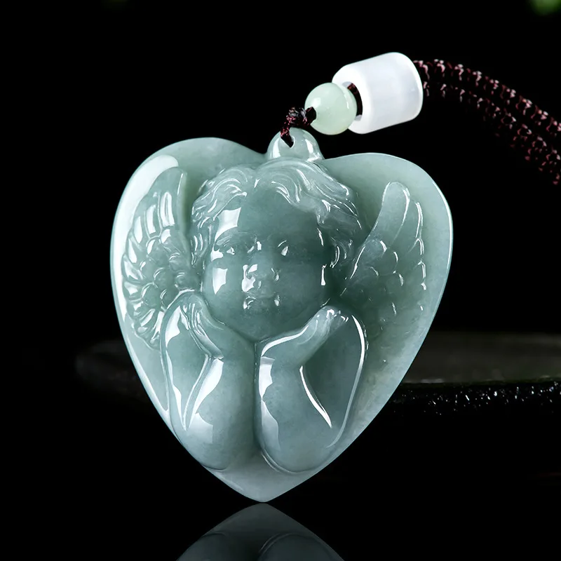 Natural A-grade Jade Blue Water Angel Cupid Three-dimensional Pendant Jadeite Cute Couple Souvenir Gift Jewelry Drop Shipping