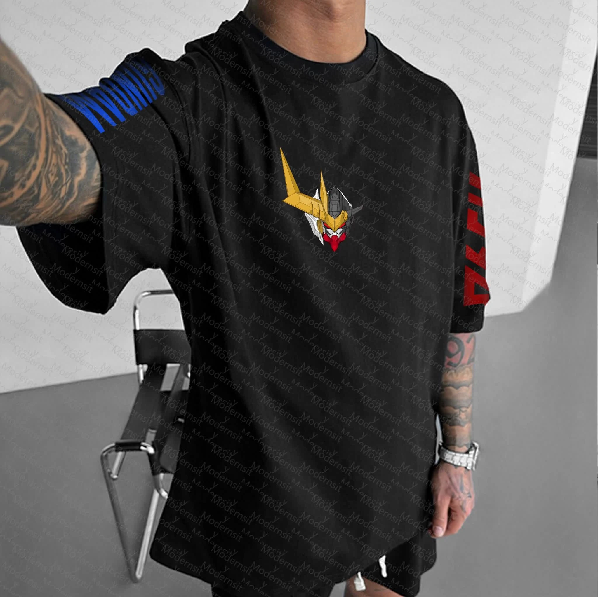 Men's Black Mecha Anime T-Shirt Dual Robot Back Print Gray Silver Green Glow Vs Multicolor Armor Cotton Streetwear Top