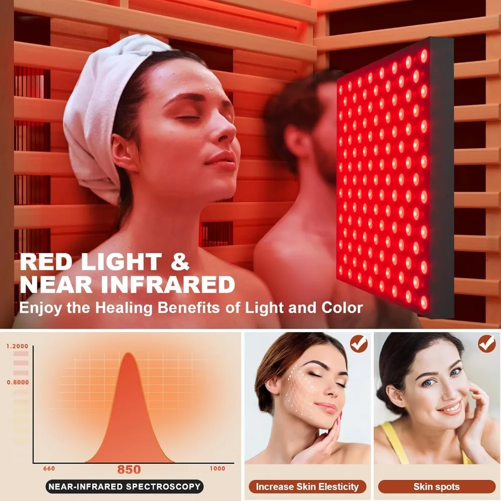 Full Spectrum Infrared Sauna with Resonance Speaker, Panoramic Tempered Glass Door，Wooden Canadian Hemlock Indoor Spa Sauna