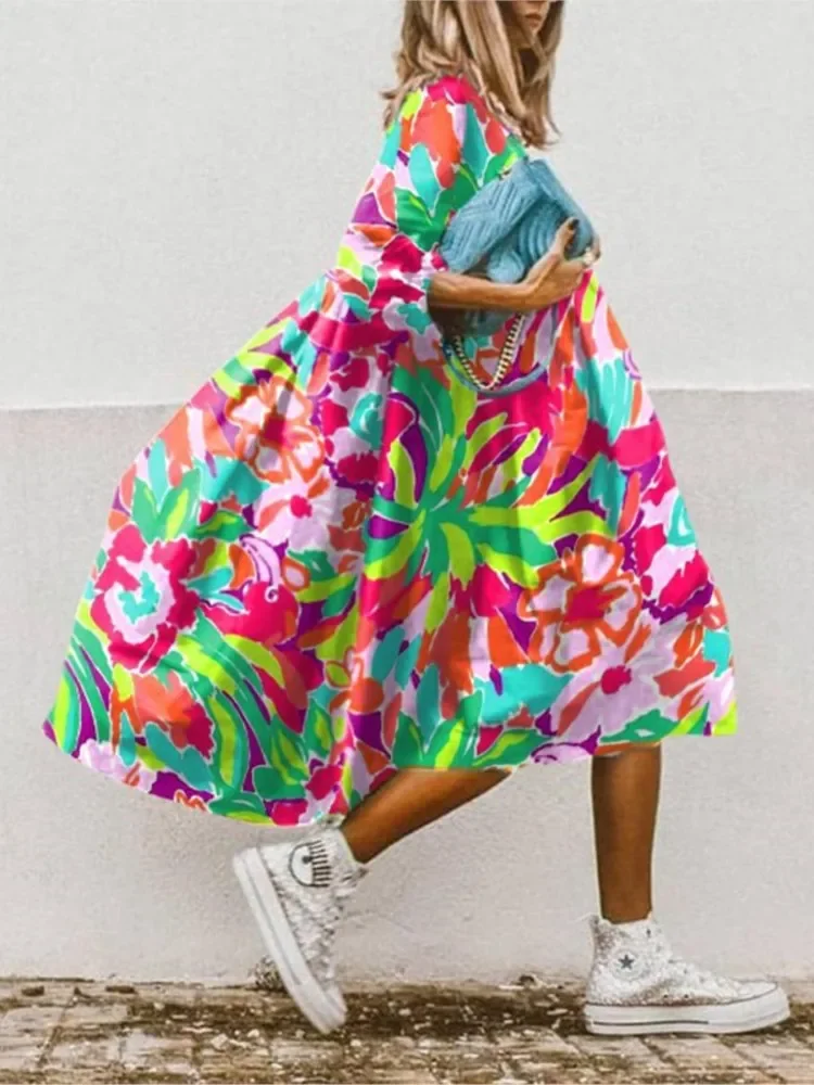 Fashion Boho Floral Print Dress Women O Neck Oversize Loose Midi Dress  Summer Casual Holiday Beach Long Dresses Female