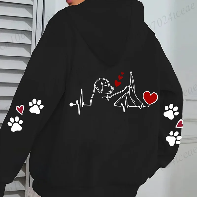 Dog Heartbeat Printed Casual Hoodie for Female Pocket Creative Hoody All-Match Street Clothes Womens Fleece Unisex Pullovers
