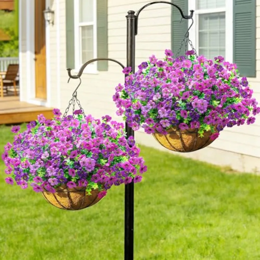 

2 Pack Artificial Hanging Flower Baskets for Outdoors, UV Resistant Faux Hanging Plants, 4 Fake Silk Flowers for Patio Garden F