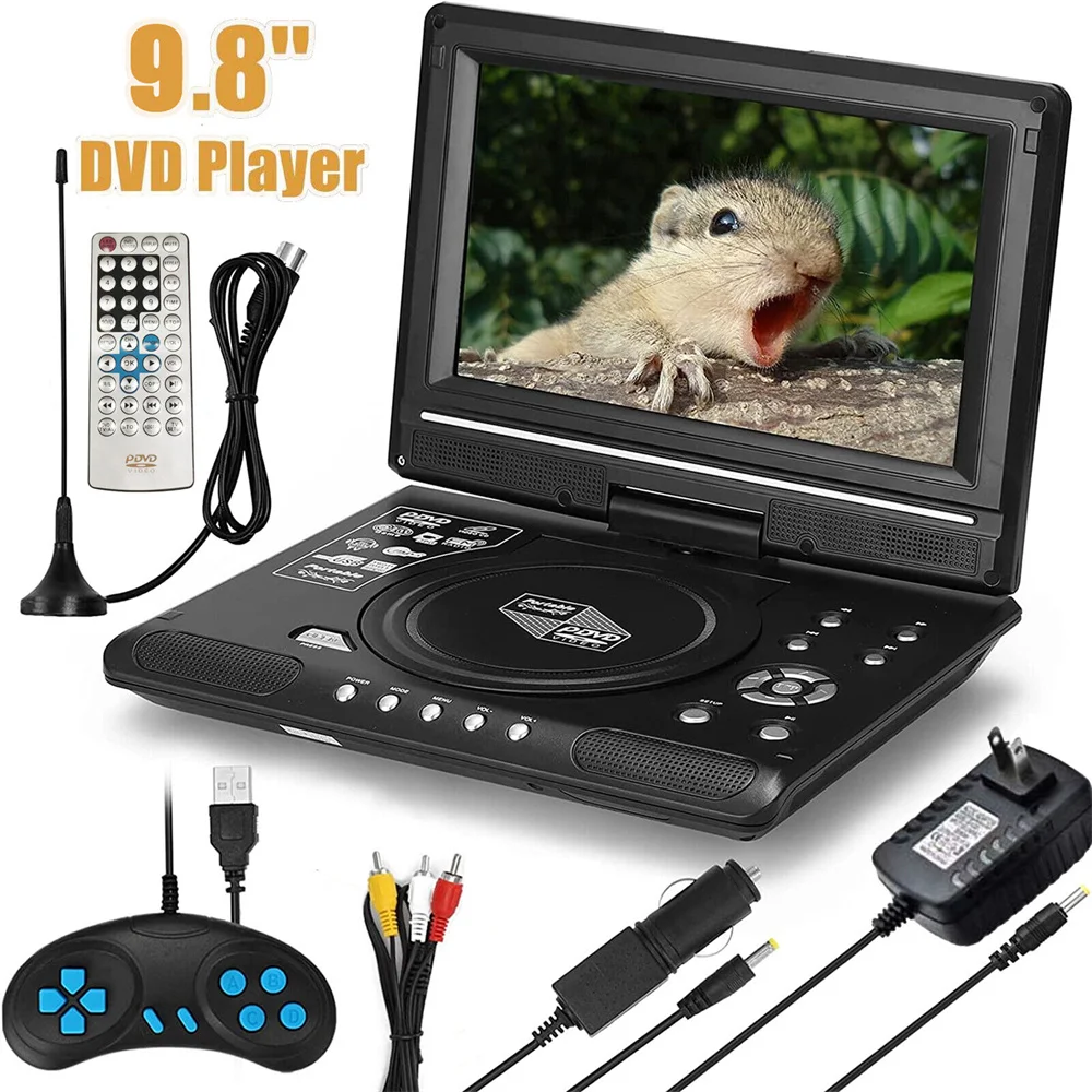 

9.8inch Portable DVD Player Mini TV 270° 7" Swivel HD Screen SVCD CD VCD EVD AVI SD Card USB Remote Control Rechargeable Battery