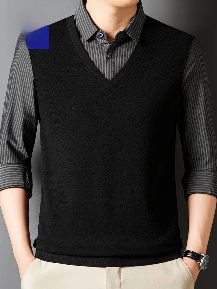 

Lormen Men's Casual Long Sve Knitted irt Collar Sweater Fake Two-Piece Warm Spring Autumn Faion Luxury Lightweight