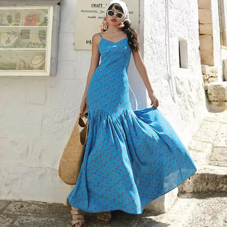 86-94cm Bust Summer Holiday Blue Sling Maxi Dress Women Elegant Slim French Island Vacation Style Floral Chiffon Suspender Dress