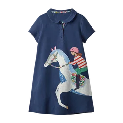 Jumping Meters  New Arrival Girls Dresses With Collar Horse Applique Hot Selling Summer Kids Clothing Short Sleeve Baby Frocks