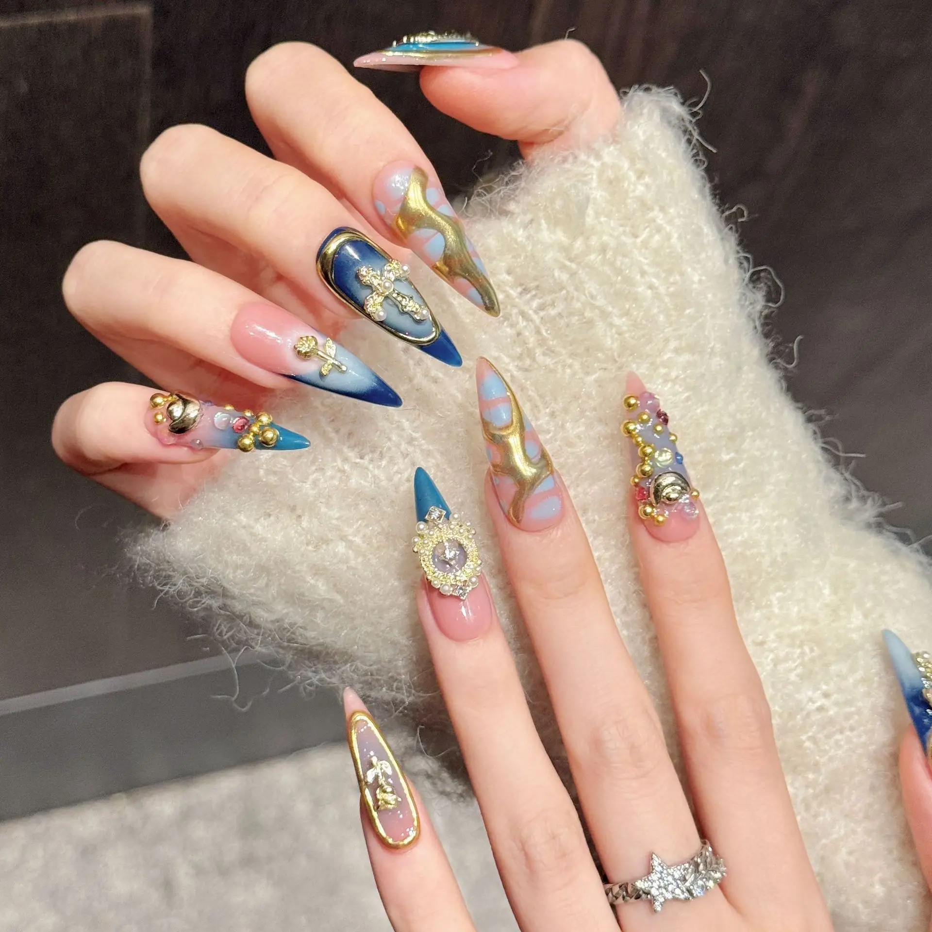 

10Pcs Handmade Press On Nails Long Stiletto Blue Pink Gold Glitter Vintage Design False With4-PIECE Tool Adhesive Nail Glue Tabs