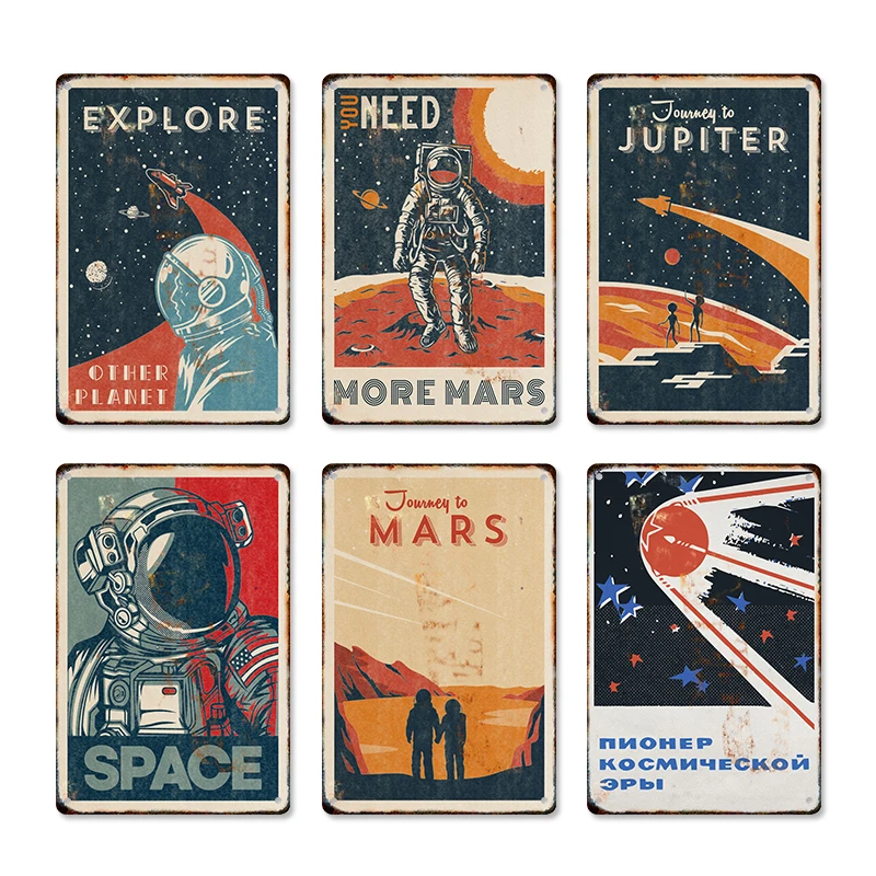 

Astronaut Planet Retro Metal Poster Vintage Tin Signs Kitchen Bar Club Wall Art Plaque for Modern Home Room Decor Aesthetic