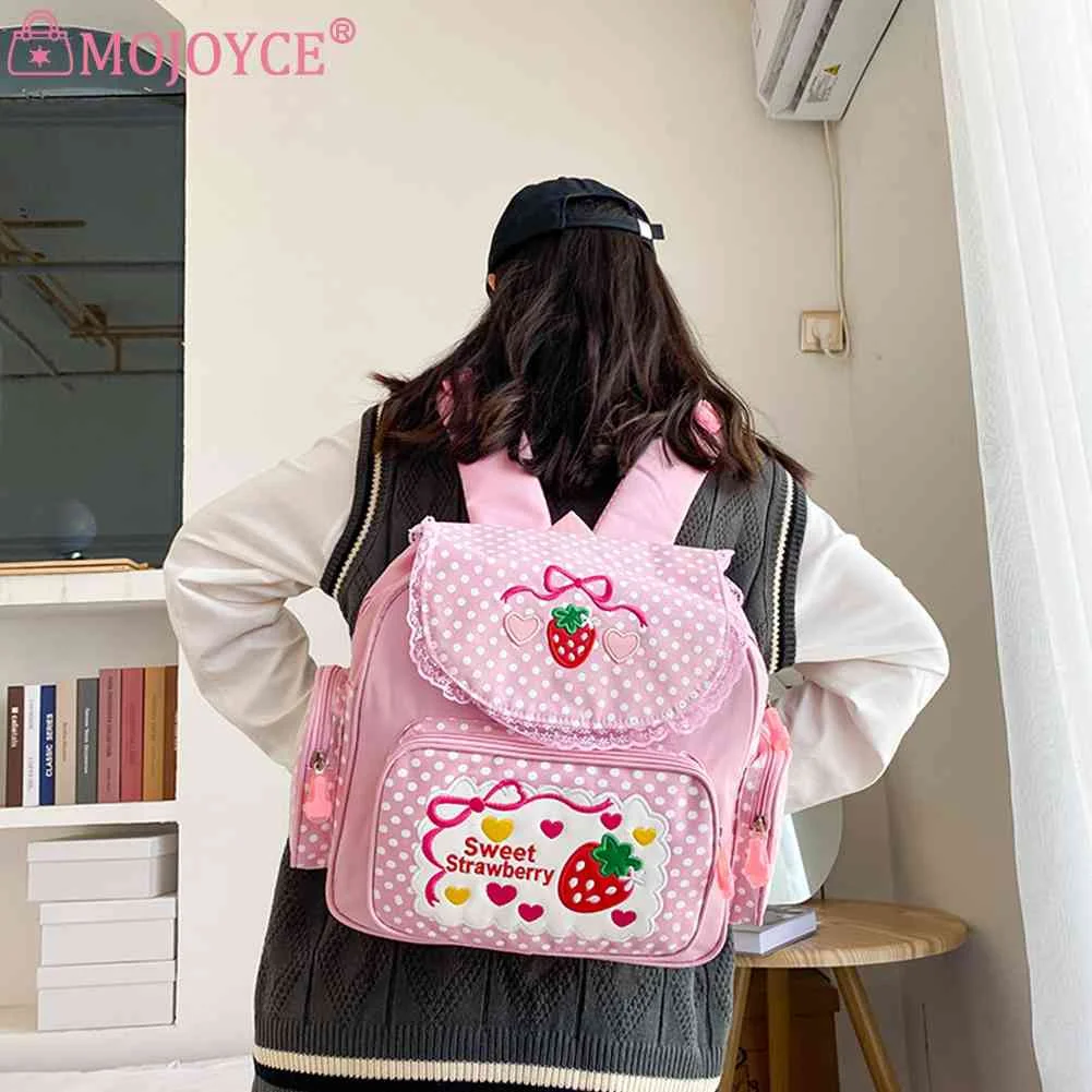 Kawaii Kids School Bag Cute Strawberry Embroidery Student Mochila Dots Multi-Pocket Nylon Fashion College for Teenager Girl