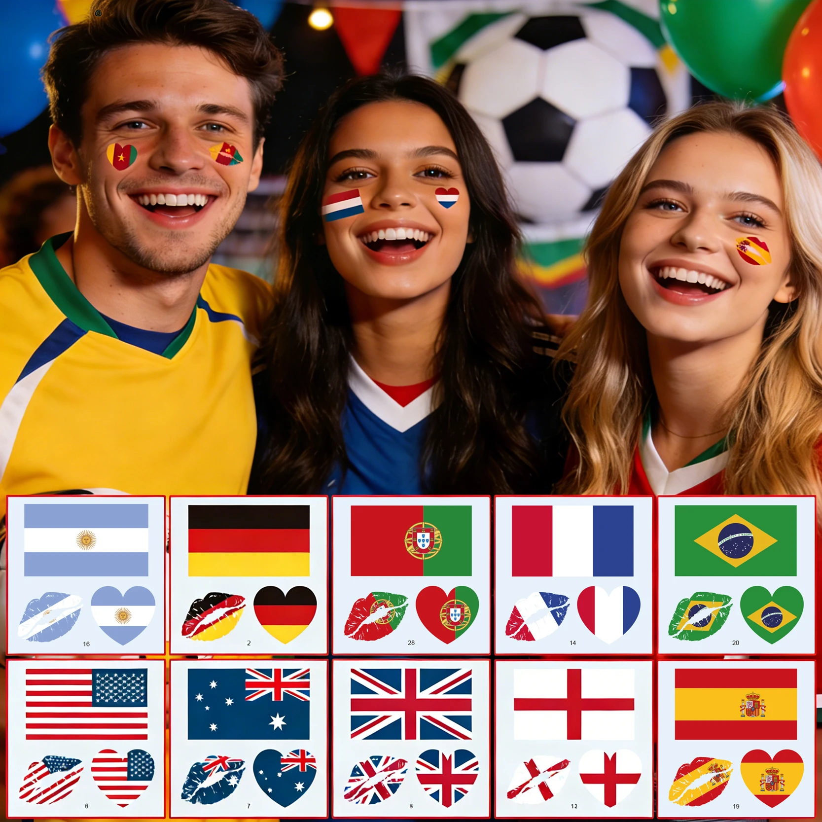 Football Sports Match National Flag Stickers Football Fans Cheer and Assist for Soccer Players,Face Arm Body Temporary Tattoos