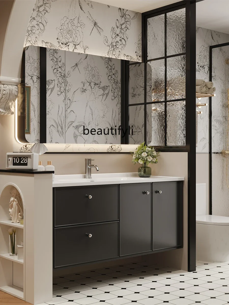 xx1Smart French Bathroom Cabinet Black Washstand Bathroom Cabinet Oak Wash Basin Basin Cabinet Combination