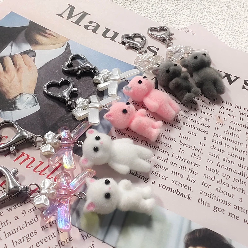 Kawaii 3D Flocking Cat Keychain Cute Cartoon Bowknot Bear Keyring Backpack Pendant Bag Hanging Decoration For Girls Gift