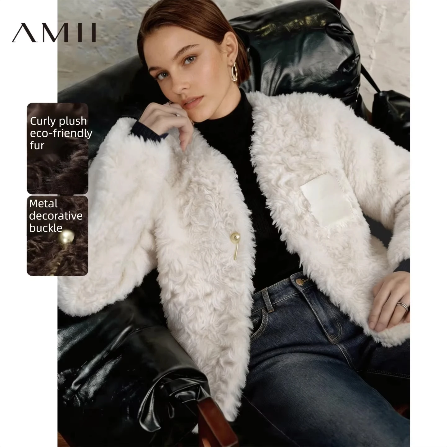 Amii Women's V-Neck Faux Fur Coat Oversized Slimming Warm Commuter Minimalist Winter 2026 Coats for Women 12614014