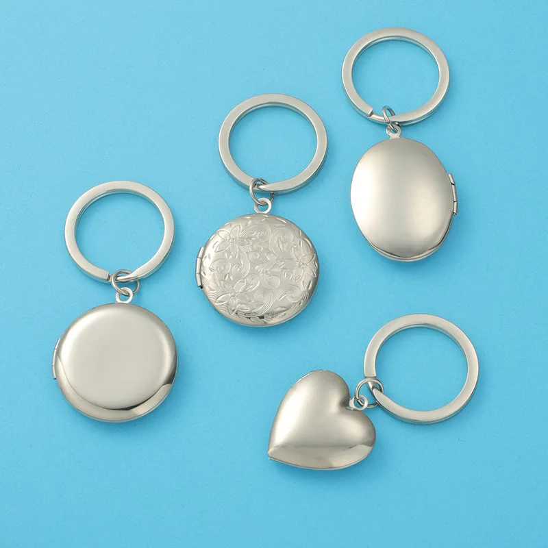 

10Pcs/Lot Mirror Polish Stainless Steel Round Heart Photo Locket Pendant Keychains For Lovers Car Key DIY Jewelry