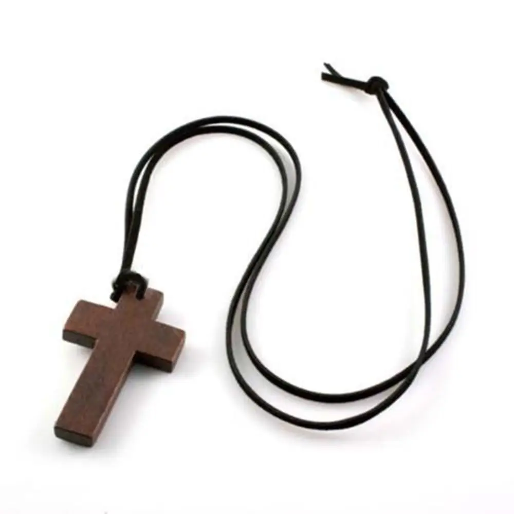 Ancient New Men Gift Brown Wooden Christian Leather Cord Necklace Jewelry Cross Pendant